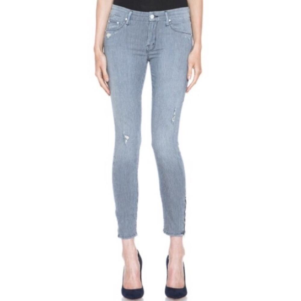 MOTHER The Looker Ankle Zip On The Road Destroy Blue/White Striped Jeans